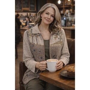 Vintage Teddi Y2K Tan Garden 90s Embroidered‎ Tree Zippered Cardigan S Sweater